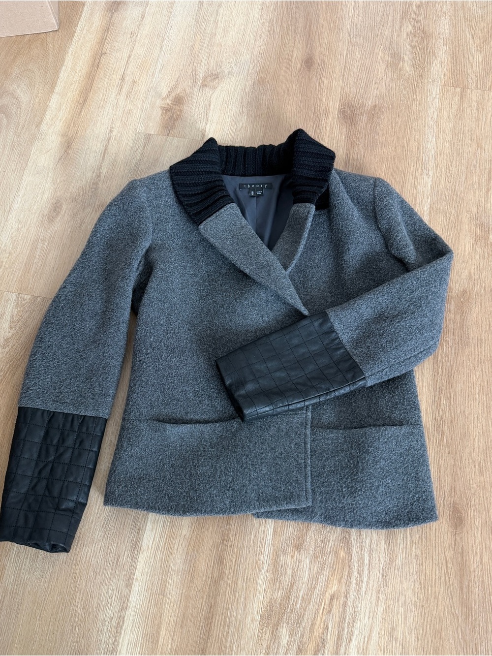 Theory Grey Wool-Blend Jacket with Black Quilted Sleeve Panels